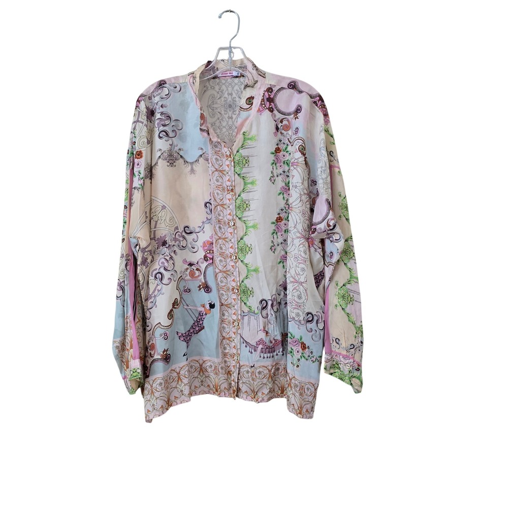 Johnny Was 100% Silk Art Deco Swing Print Button Front Blouse XXL Pastel Boho